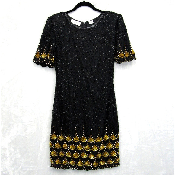 Laurence Kazar Black Gold Beaded Sequin Evening Dress Mini Short Sleeve Silk S - Picture 1 of 13